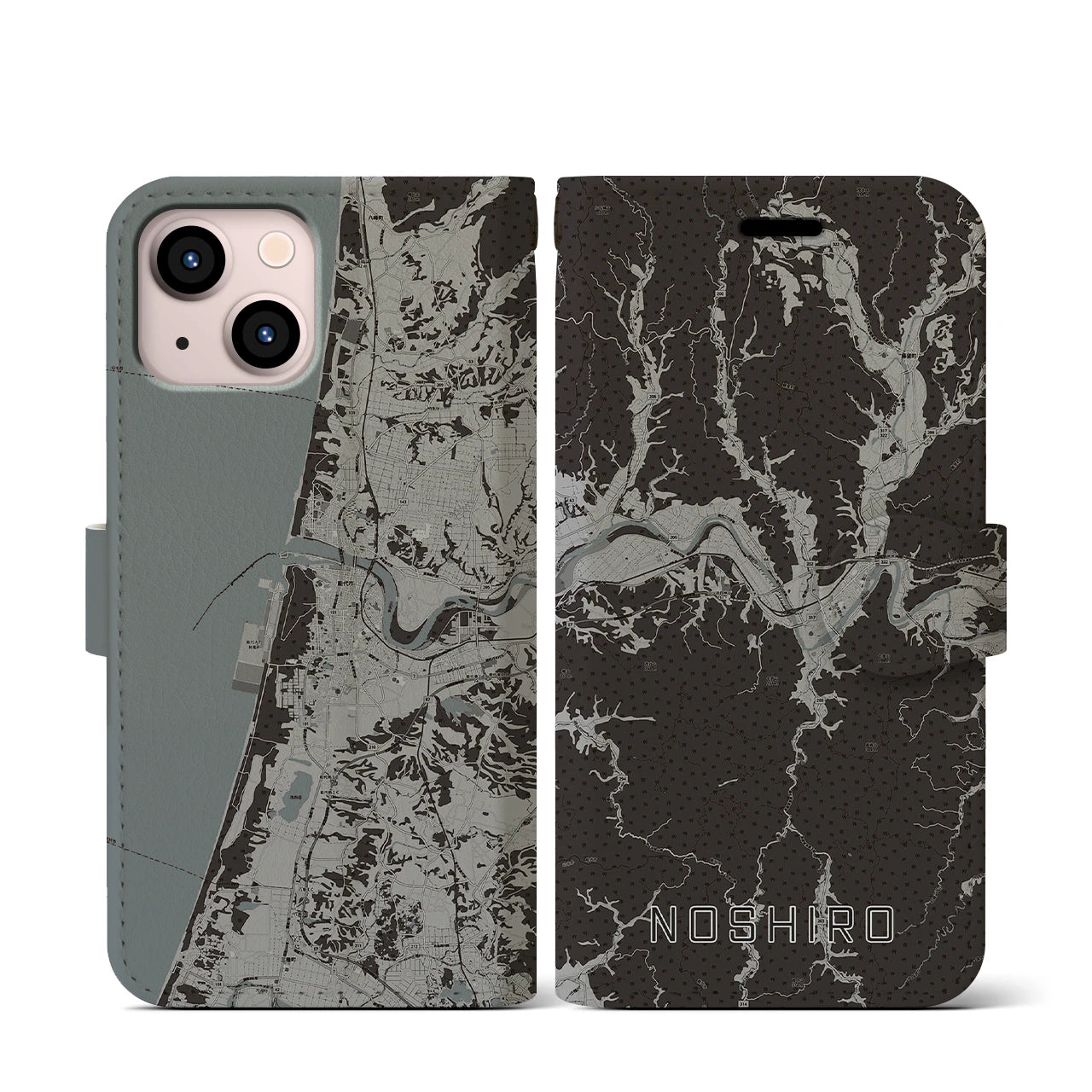 【能代(秋田県)】地図柄iPhoneケース(手帳タイプ)モノトーン・iPhone 13 mini 用