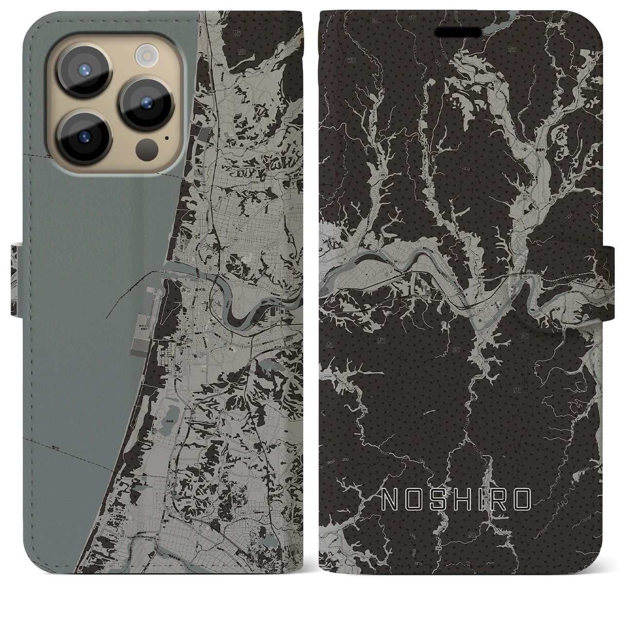 【能代(秋田県)】地図柄iPhoneケース(手帳タイプ)モノトーン・iPhone 14 Pro Max 用