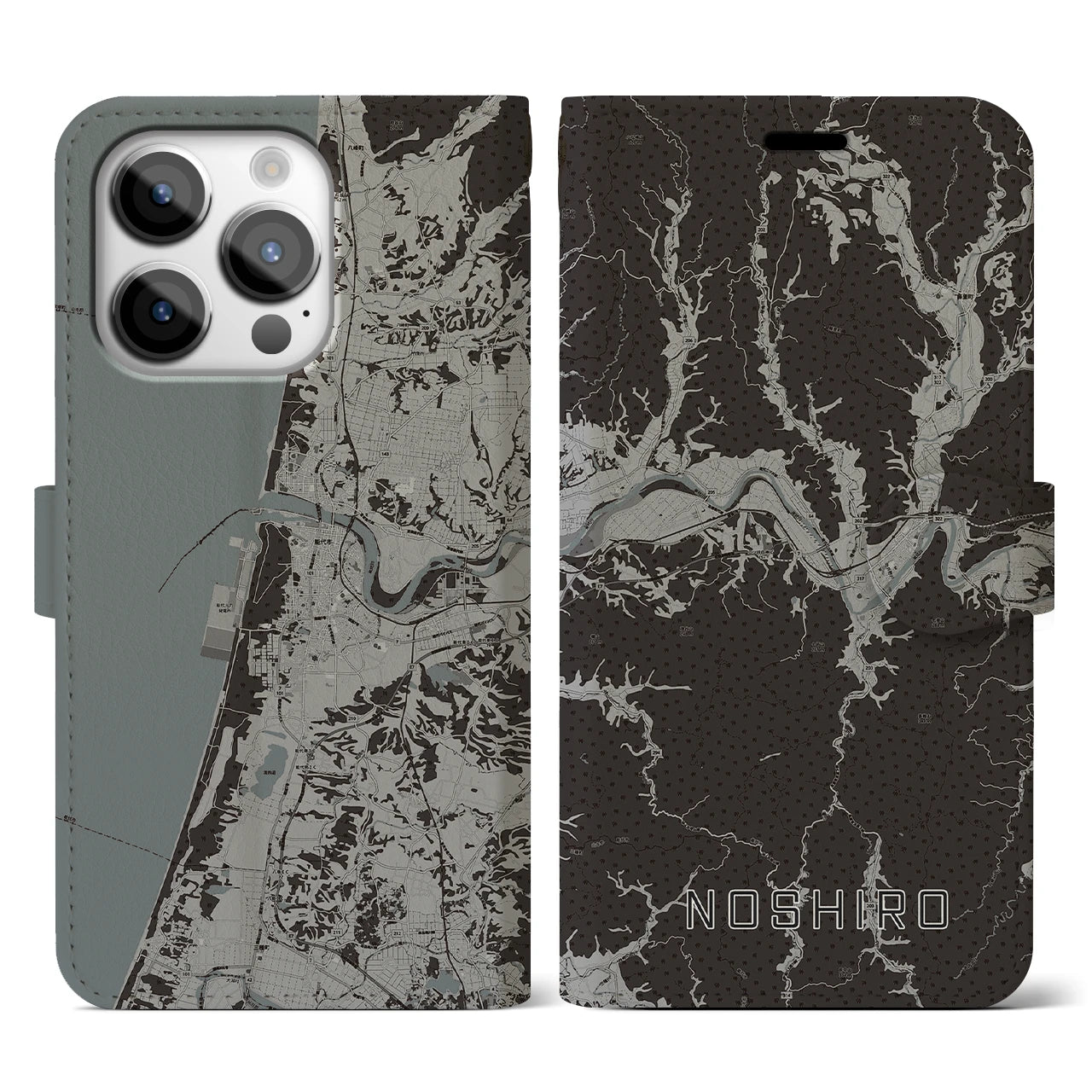 【能代(秋田県)】地図柄iPhoneケース(手帳タイプ)モノトーン・iPhone 14 Pro 用