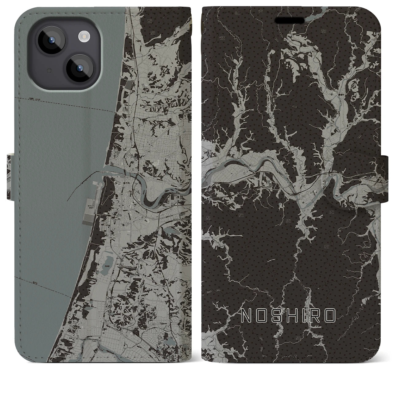 【能代(秋田県)】地図柄iPhoneケース(手帳タイプ)モノトーン・iPhone 14 Plus 用