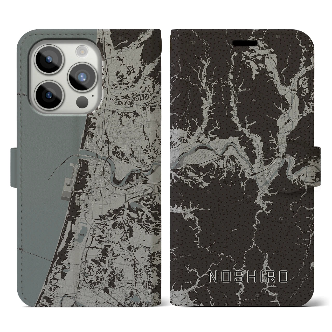 【能代(秋田県)】地図柄iPhoneケース(手帳タイプ)モノトーン・iPhone 15 Pro 用