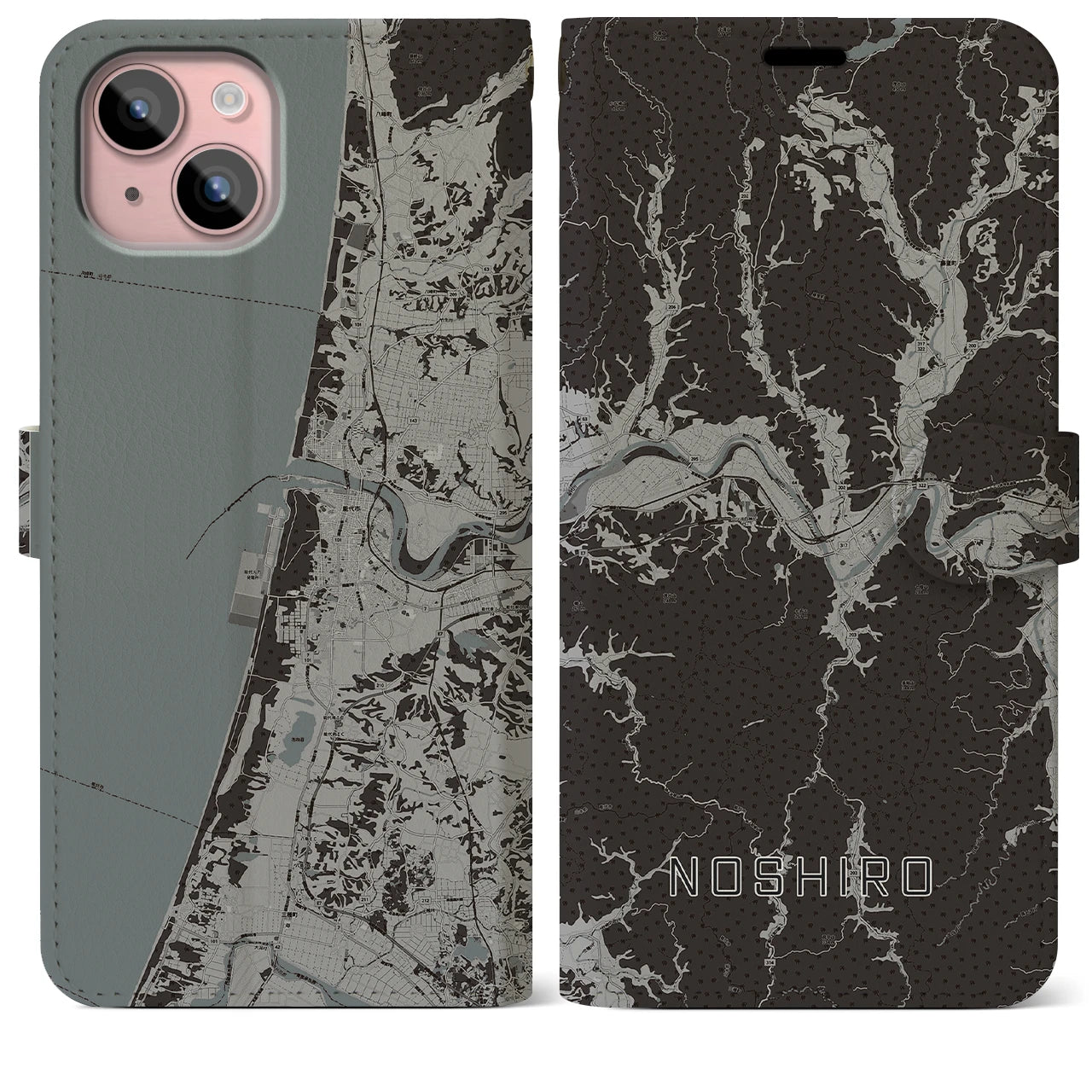 【能代(秋田県)】地図柄iPhoneケース(手帳タイプ)モノトーン・iPhone 15 Plus 用