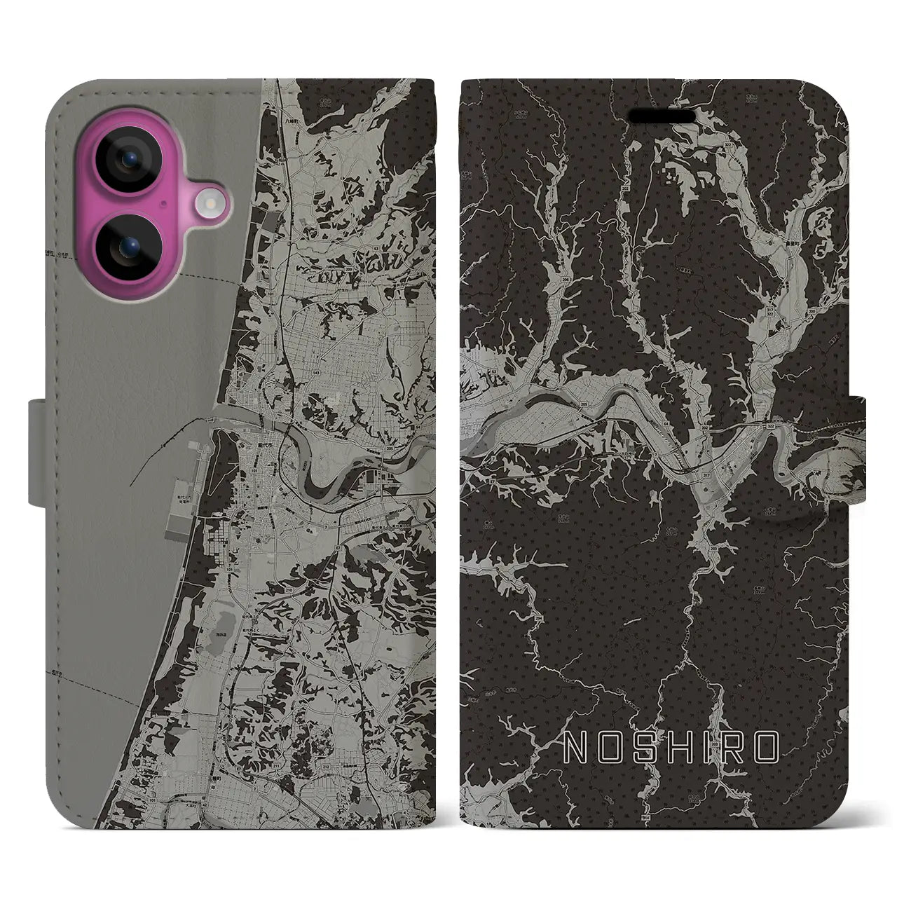 【能代(秋田県)】地図柄iPhoneケース(手帳タイプ)モノトーン・iPhone 16 Pro 用