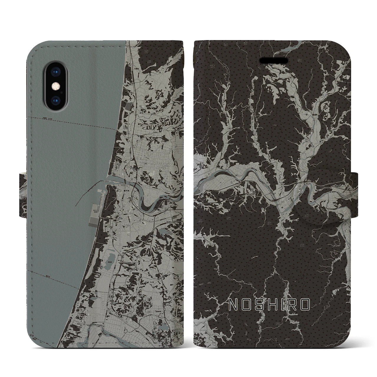 【能代(秋田県)】地図柄iPhoneケース(手帳タイプ)モノトーン・iPhone XS / X 用