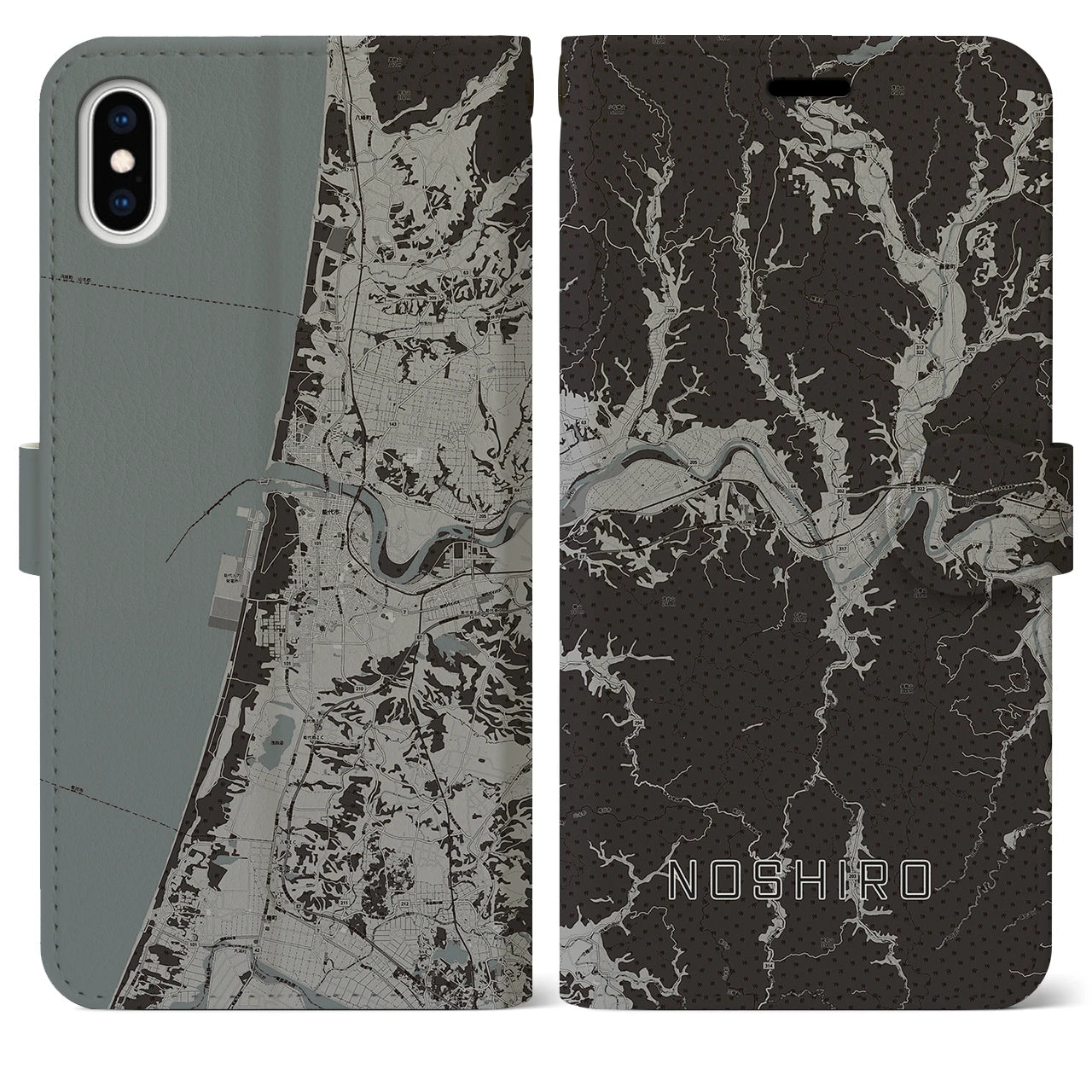 【能代(秋田県)】地図柄iPhoneケース(手帳タイプ)モノトーン・iPhone XS Max 用
