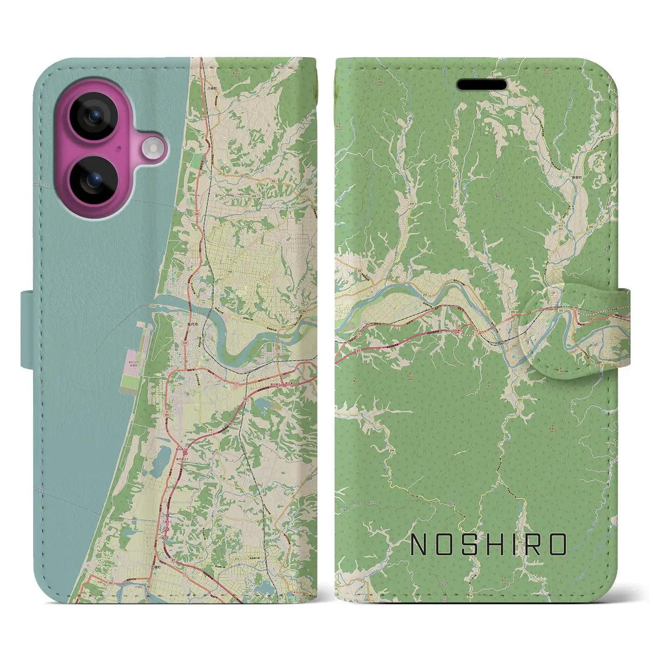 【能代(秋田県)】地図柄iPhoneケース(手帳タイプ)ナチュラル・iPhone 16 Pro 用