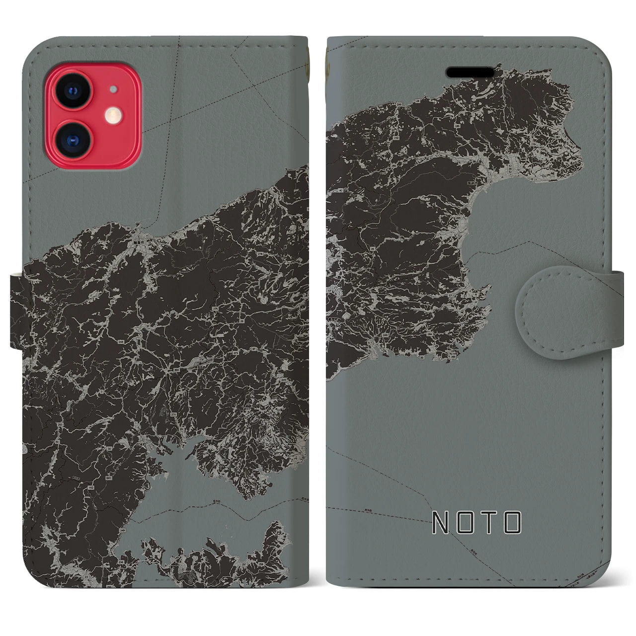 【能登(石川県)】地図柄iPhoneケース(手帳タイプ)モノトーン・iPhone 11 用