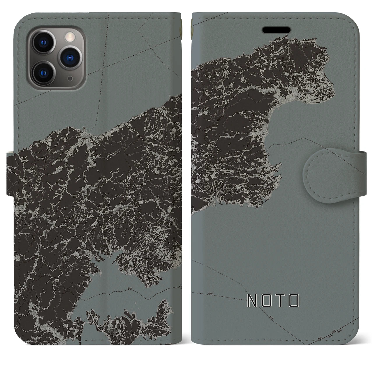 【能登(石川県)】地図柄iPhoneケース(手帳タイプ)モノトーン・iPhone 11 Pro Max 用