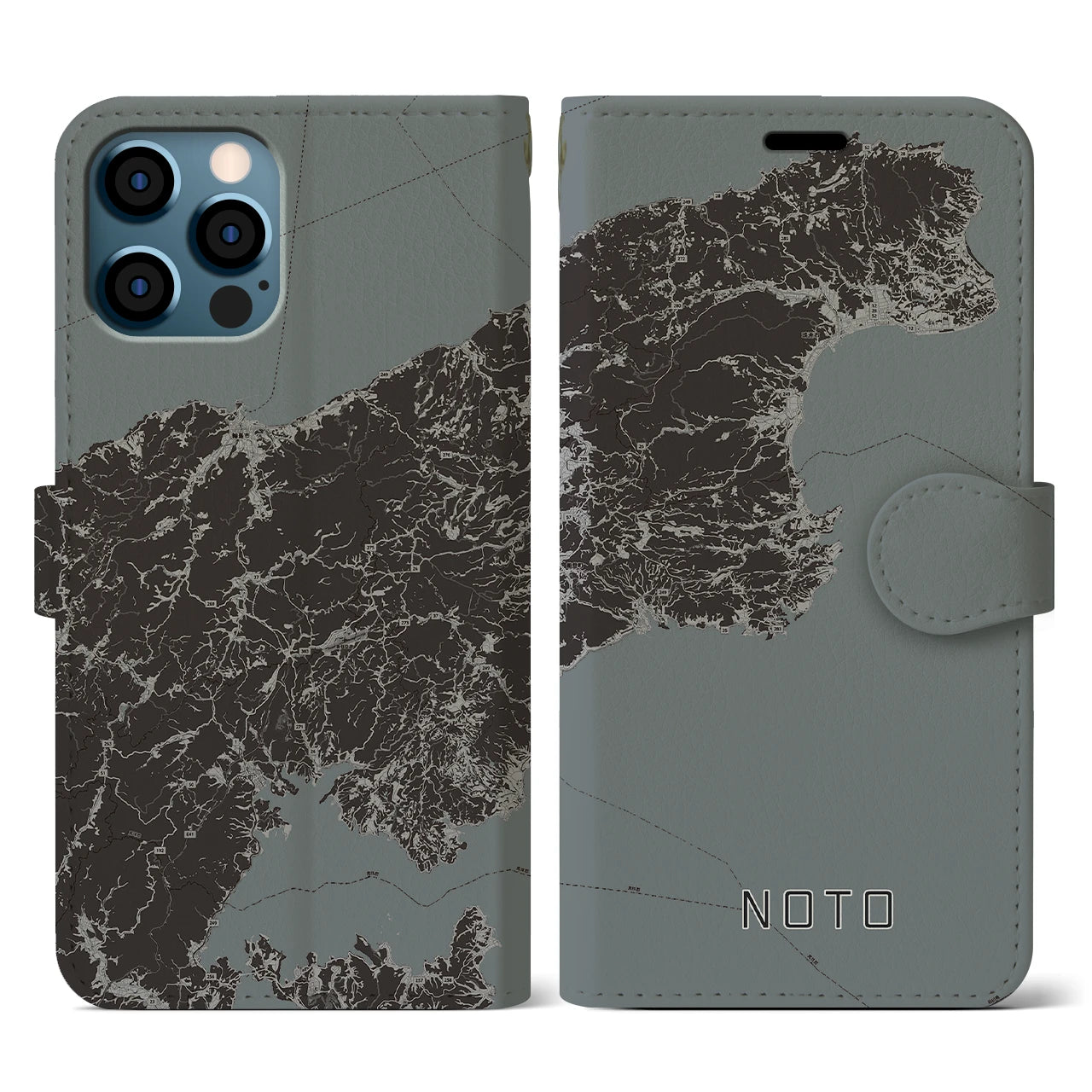 【能登(石川県)】地図柄iPhoneケース(手帳タイプ)モノトーン・iPhone 12 / 12 Pro 用