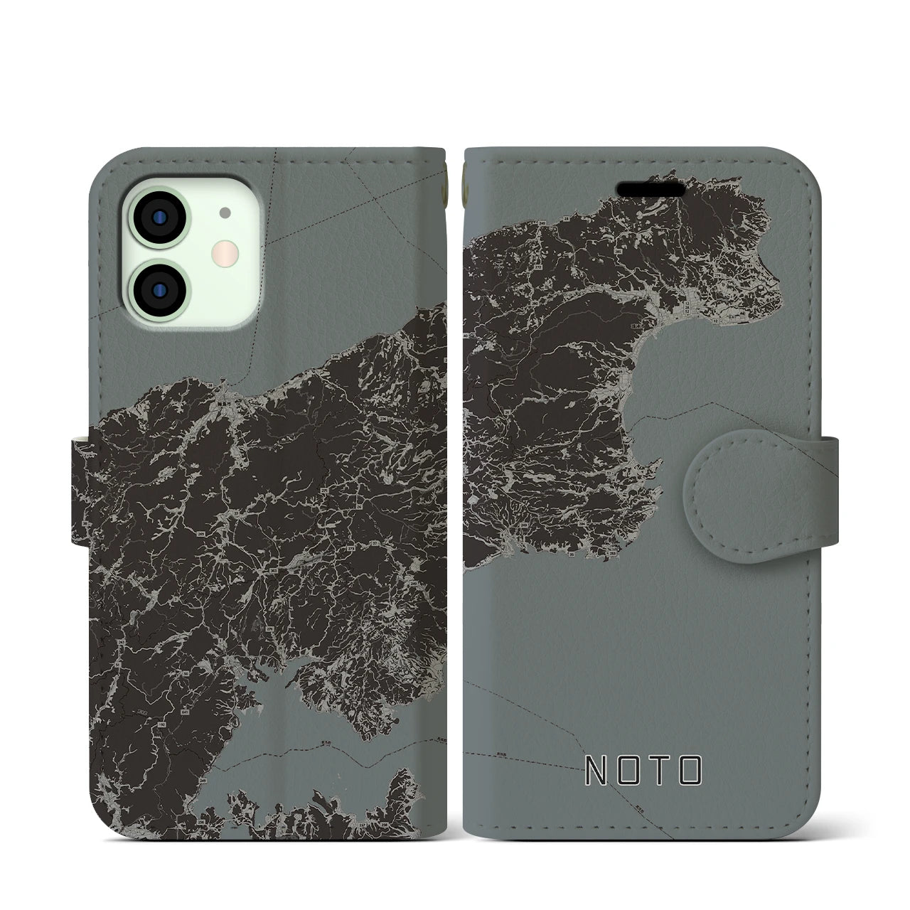 【能登(石川県)】地図柄iPhoneケース(手帳タイプ)モノトーン・iPhone 12 mini 用