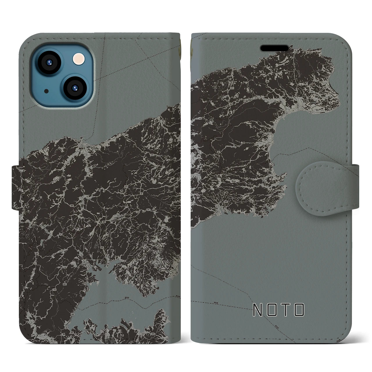 【能登(石川県)】地図柄iPhoneケース(手帳タイプ)モノトーン・iPhone 13 用