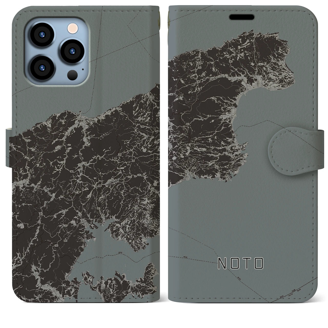 【能登(石川県)】地図柄iPhoneケース(手帳タイプ)モノトーン・iPhone 13 Pro Max 用