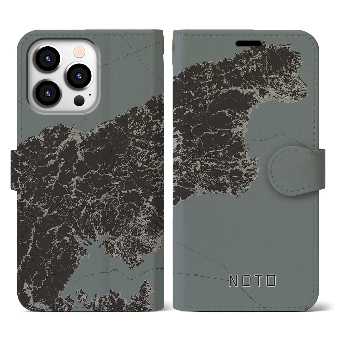 【能登(石川県)】地図柄iPhoneケース(手帳タイプ)モノトーン・iPhone 13 Pro 用