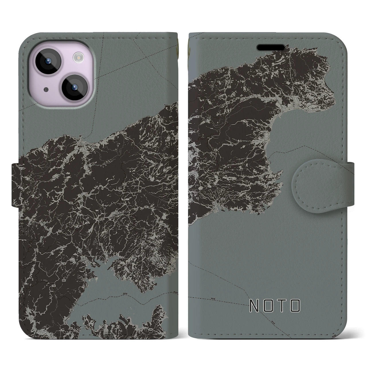 【能登(石川県)】地図柄iPhoneケース(手帳タイプ)モノトーン・iPhone 14 用