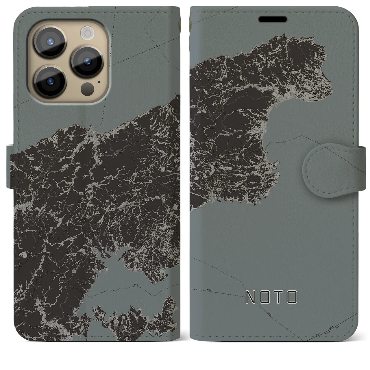 【能登(石川県)】地図柄iPhoneケース(手帳タイプ)モノトーン・iPhone 14 Pro Max 用
