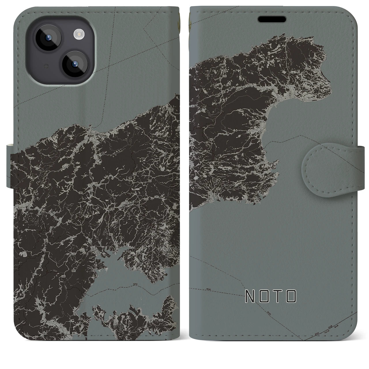 【能登(石川県)】地図柄iPhoneケース(手帳タイプ)モノトーン・iPhone 14 Plus 用