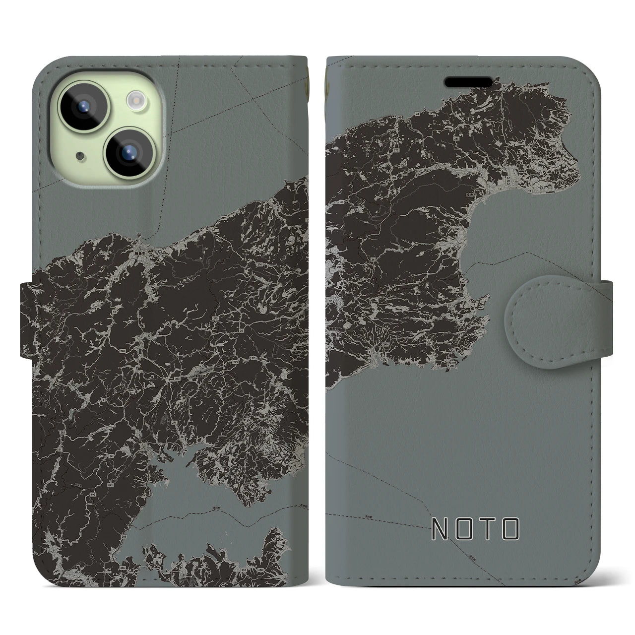 【能登(石川県)】地図柄iPhoneケース(手帳タイプ)モノトーン・iPhone 15 用