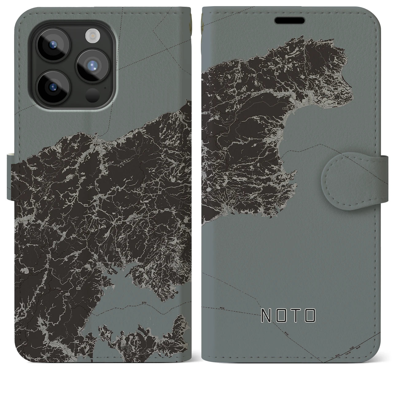 【能登(石川県)】地図柄iPhoneケース(手帳タイプ)モノトーン・iPhone 15 Pro Max 用