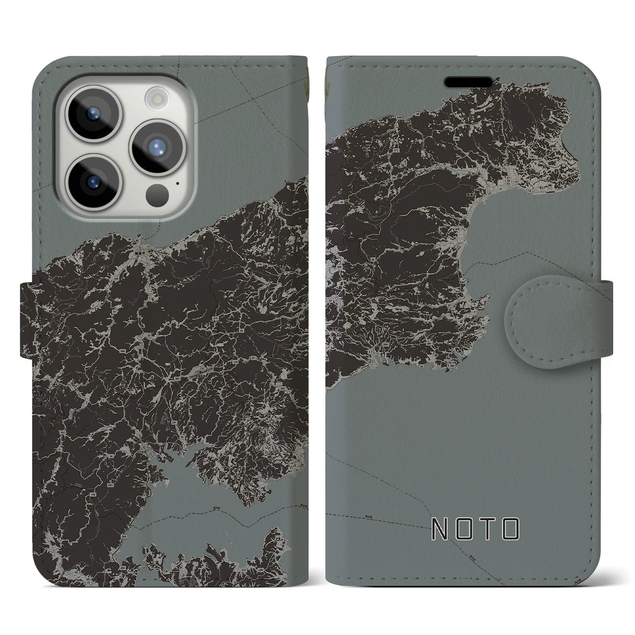 【能登(石川県)】地図柄iPhoneケース(手帳タイプ)モノトーン・iPhone 15 Pro 用