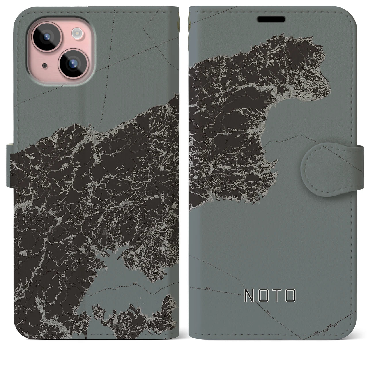 【能登(石川県)】地図柄iPhoneケース(手帳タイプ)モノトーン・iPhone 15 Plus 用