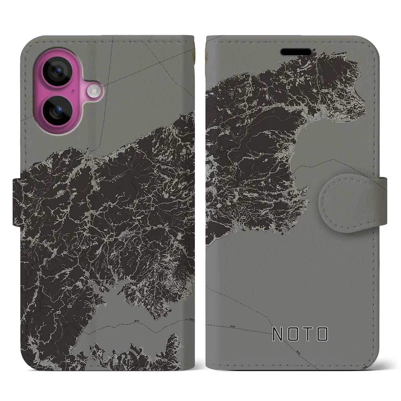 【能登(石川県)】地図柄iPhoneケース(手帳タイプ)モノトーン・iPhone 16 Pro 用