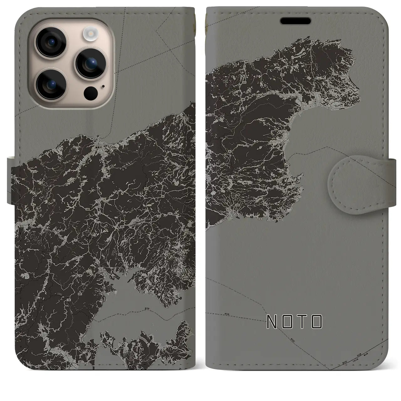 【能登(石川県)】地図柄iPhoneケース(手帳タイプ)モノトーン・iPhone 16 Plus 用