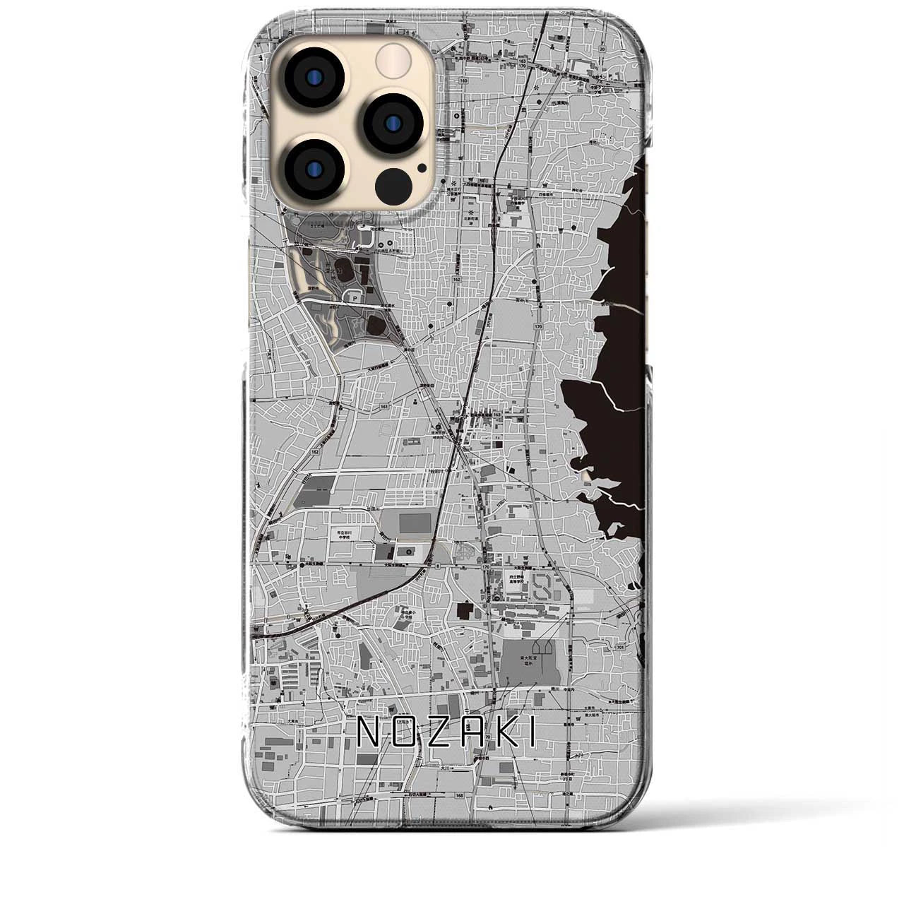 【野崎(大阪府)】地図柄iPhoneケース(クリアタイプ)モノトーン・iPhone 12 Pro Max 用