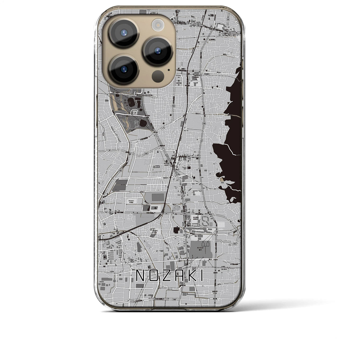 【野崎(大阪府)】地図柄iPhoneケース(クリアタイプ)モノトーン・iPhone 14 Pro Max 用