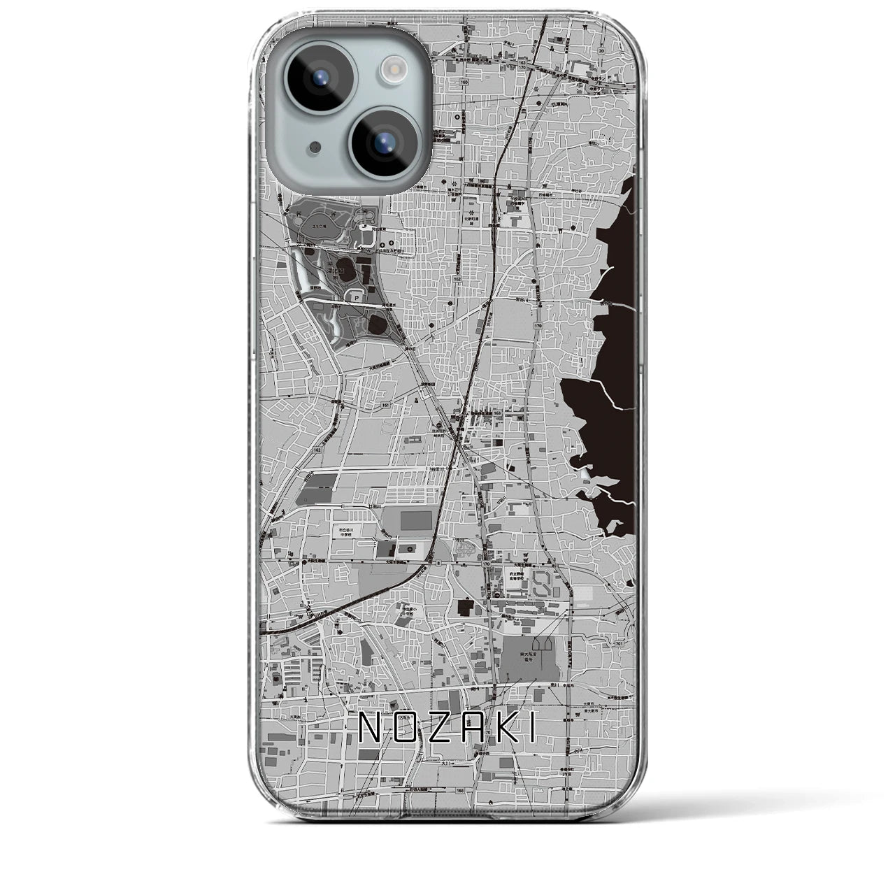 【野崎(大阪府)】地図柄iPhoneケース(クリアタイプ)モノトーン・iPhone 15 Plus 用