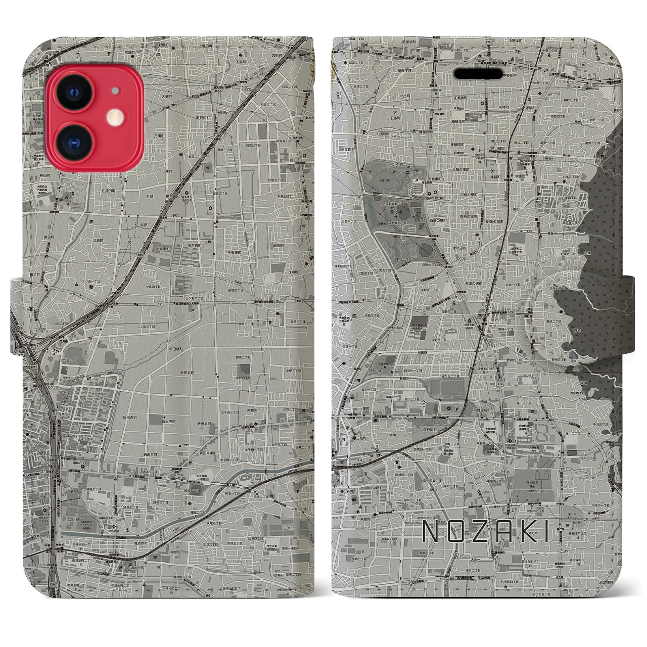 【野崎(大阪府)】地図柄iPhoneケース(手帳タイプ)モノトーン・iPhone 11 用