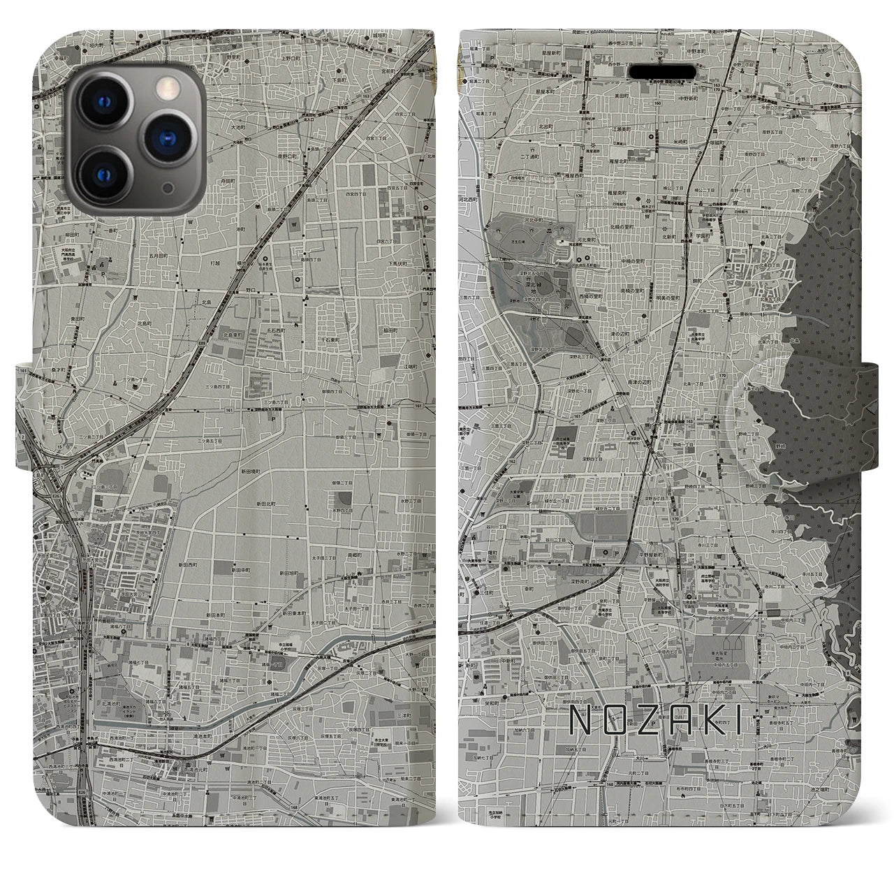 【野崎(大阪府)】地図柄iPhoneケース(手帳タイプ)モノトーン・iPhone 11 Pro Max 用