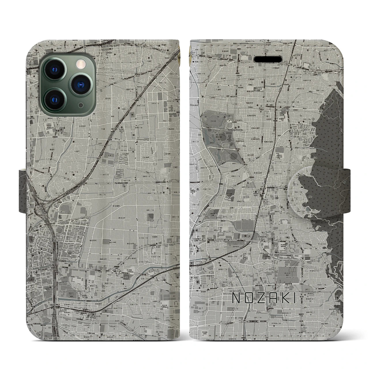 【野崎(大阪府)】地図柄iPhoneケース(手帳タイプ)モノトーン・iPhone 11 Pro 用