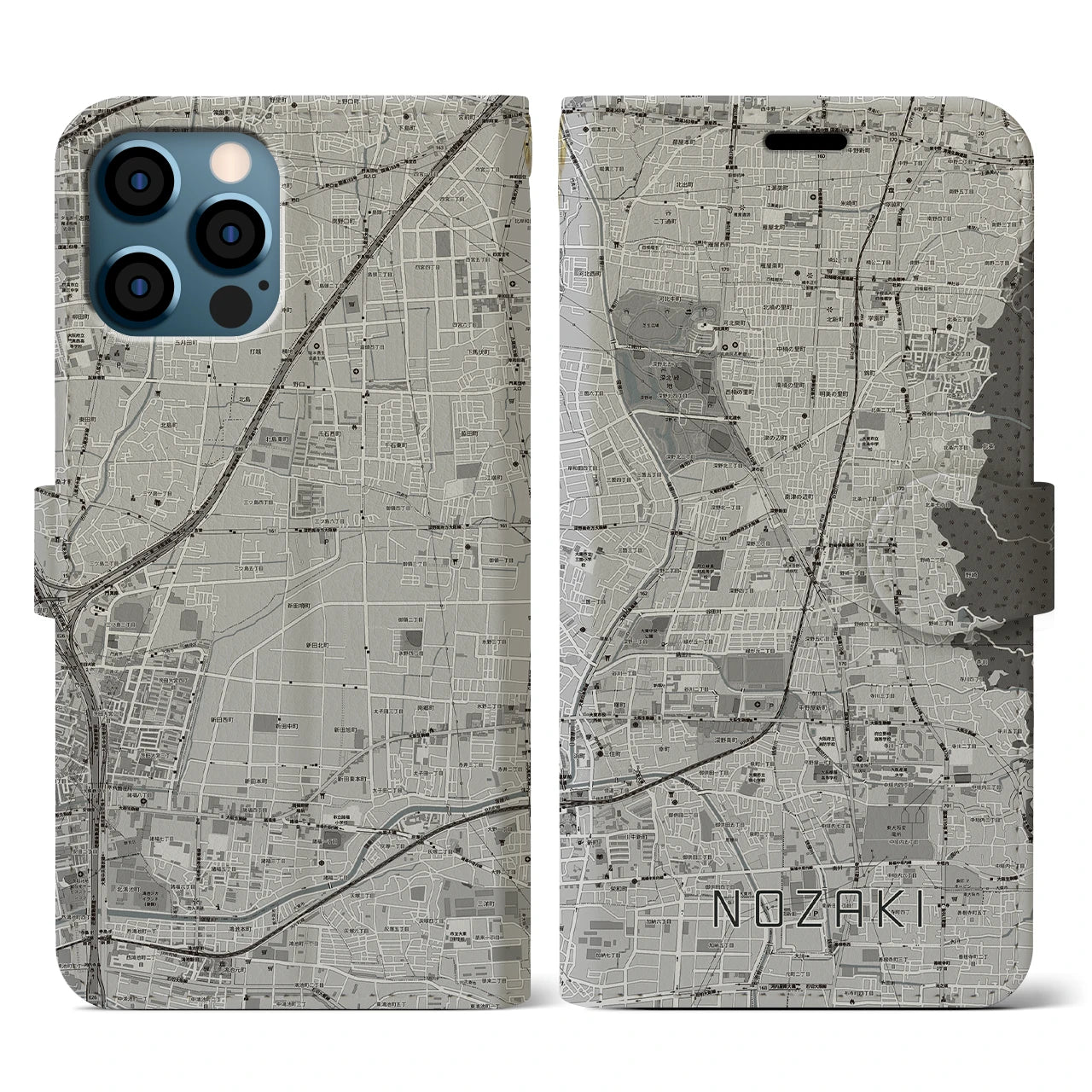 【野崎(大阪府)】地図柄iPhoneケース(手帳タイプ)モノトーン・iPhone 12 / 12 Pro 用