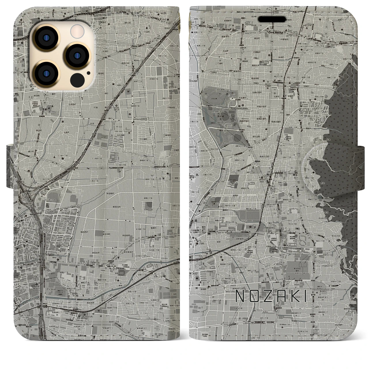 【野崎(大阪府)】地図柄iPhoneケース(手帳タイプ)モノトーン・iPhone 12 Pro Max 用