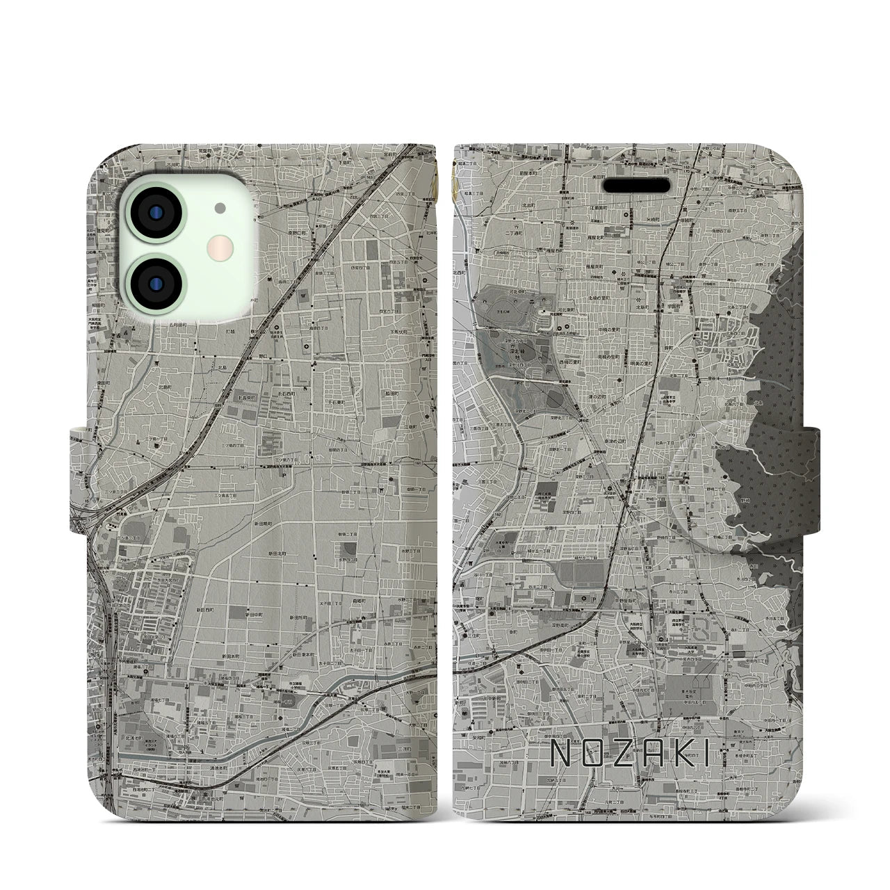 【野崎(大阪府)】地図柄iPhoneケース(手帳タイプ)モノトーン・iPhone 12 mini 用