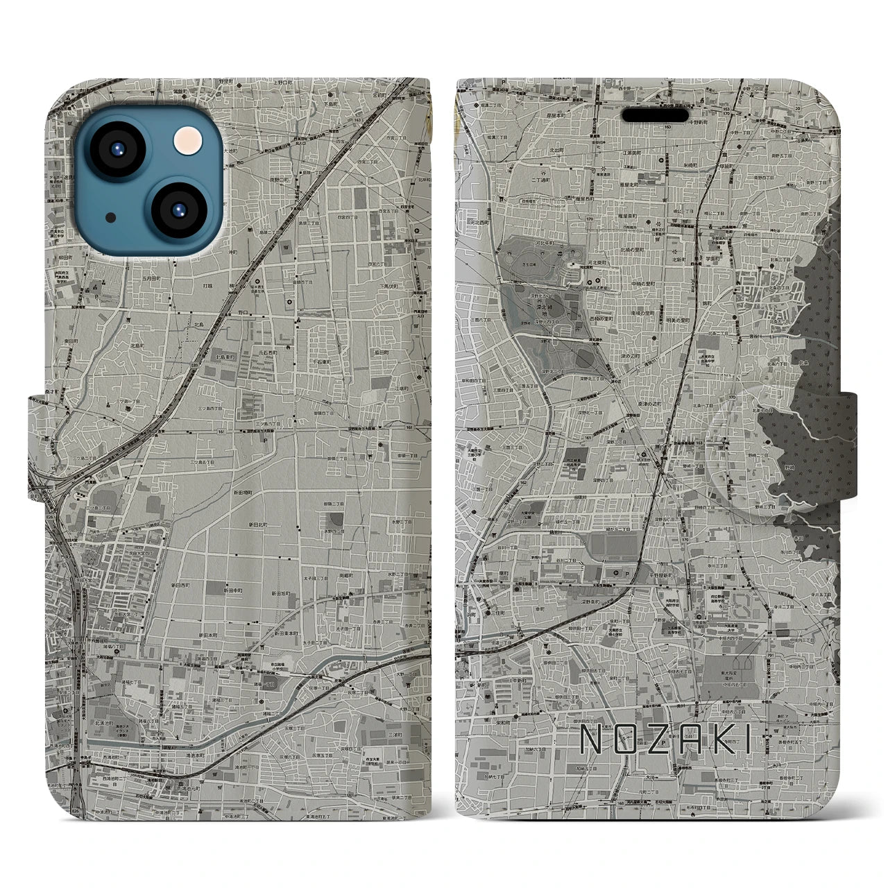 【野崎(大阪府)】地図柄iPhoneケース(手帳タイプ)モノトーン・iPhone 13 用