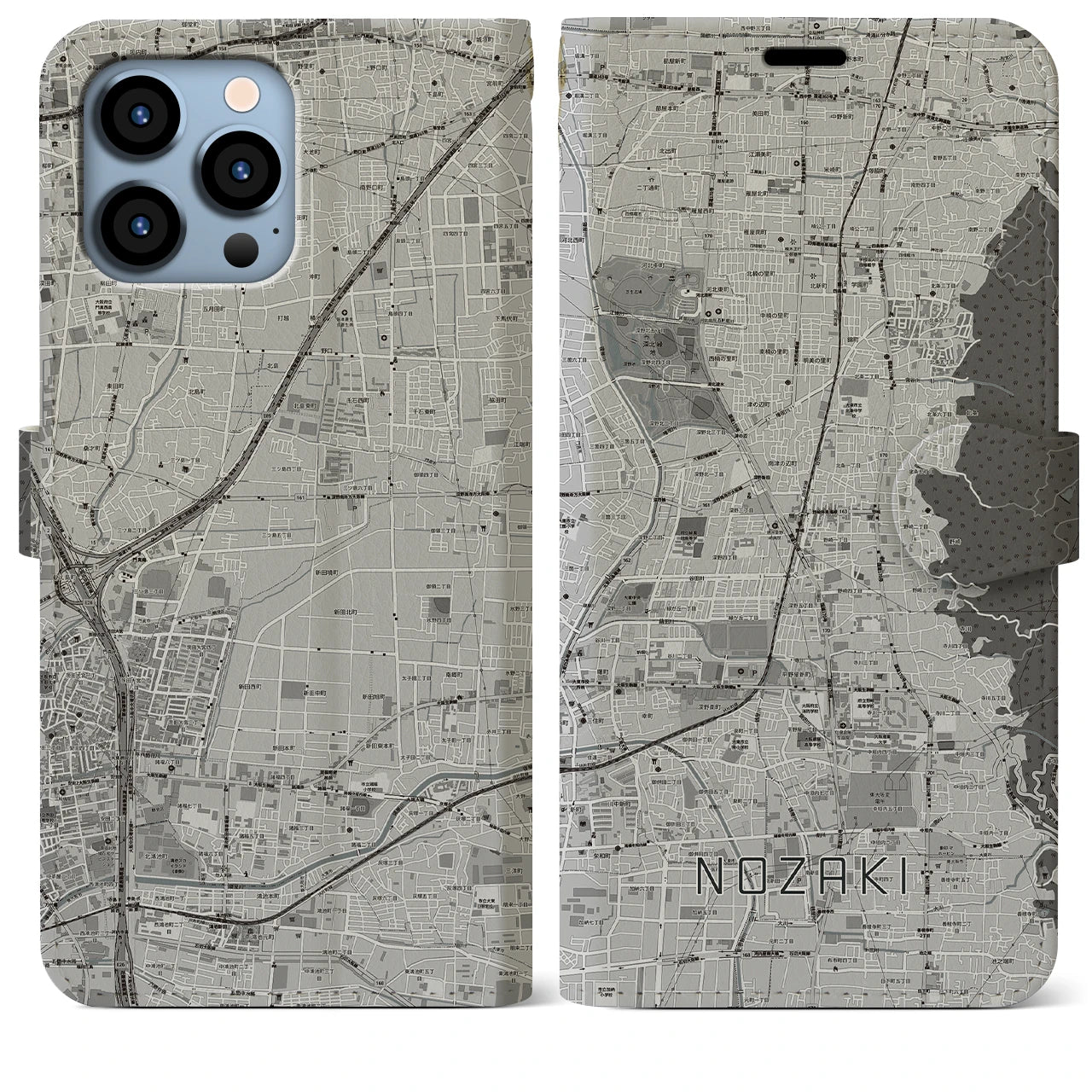 【野崎(大阪府)】地図柄iPhoneケース(手帳タイプ)モノトーン・iPhone 13 Pro Max 用