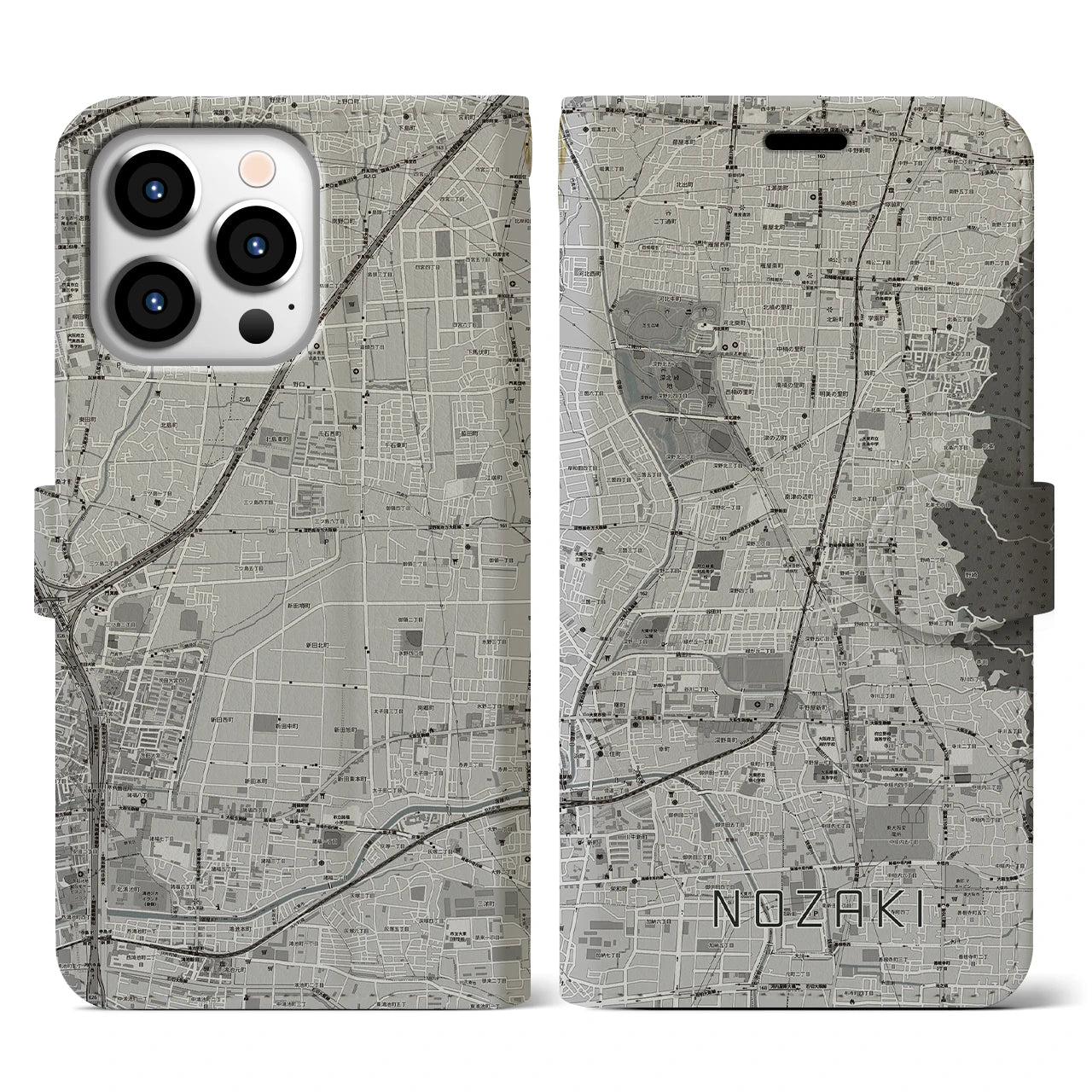 【野崎(大阪府)】地図柄iPhoneケース(手帳タイプ)モノトーン・iPhone 13 Pro 用