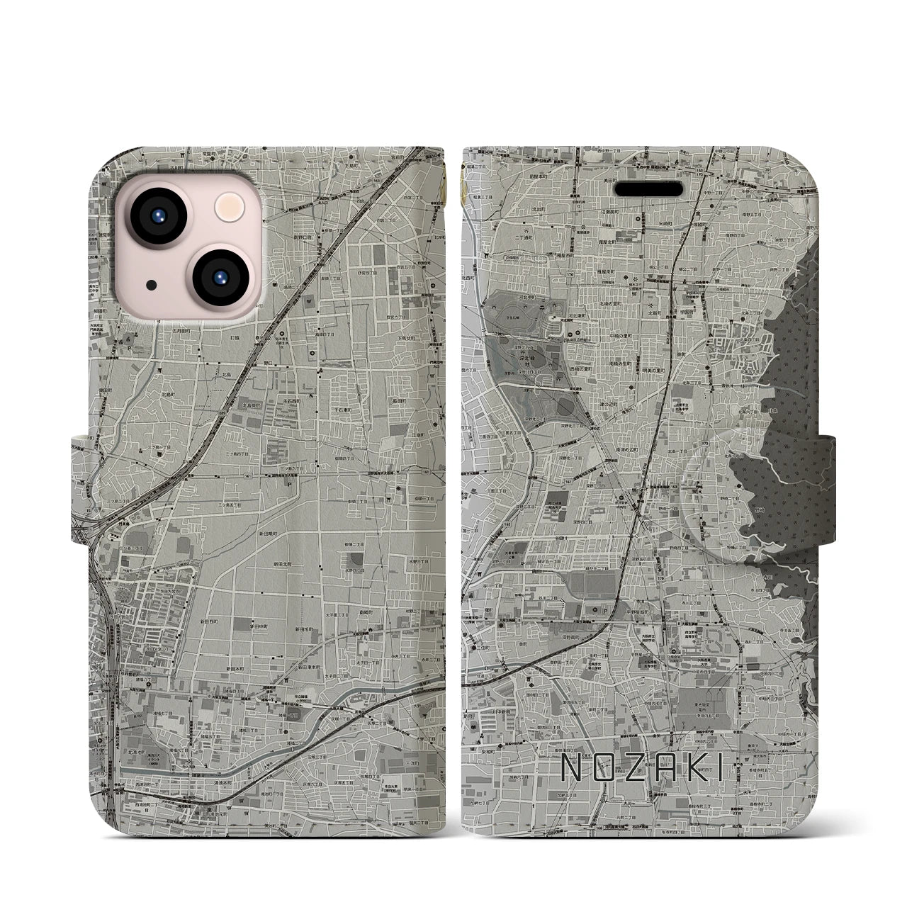 【野崎(大阪府)】地図柄iPhoneケース(手帳タイプ)モノトーン・iPhone 13 mini 用