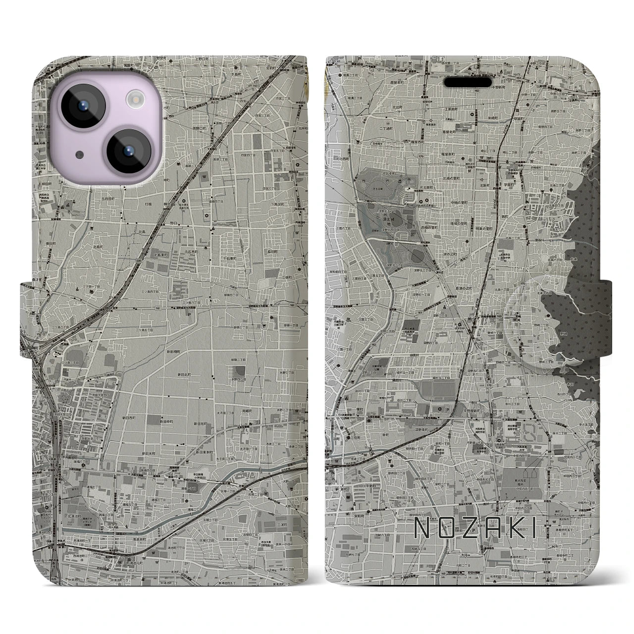 【野崎(大阪府)】地図柄iPhoneケース(手帳タイプ)モノトーン・iPhone 14 用