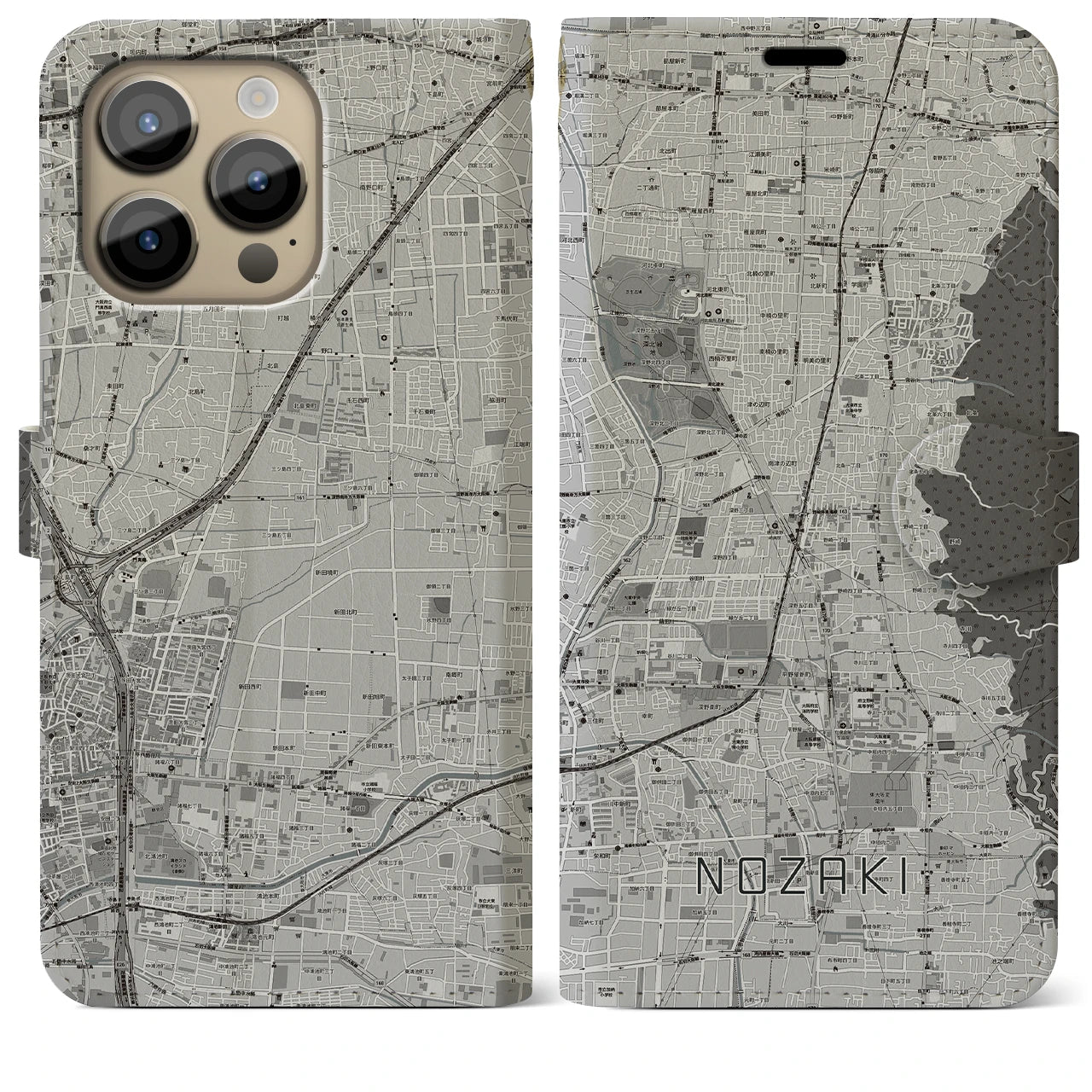 【野崎(大阪府)】地図柄iPhoneケース(手帳タイプ)モノトーン・iPhone 14 Pro Max 用