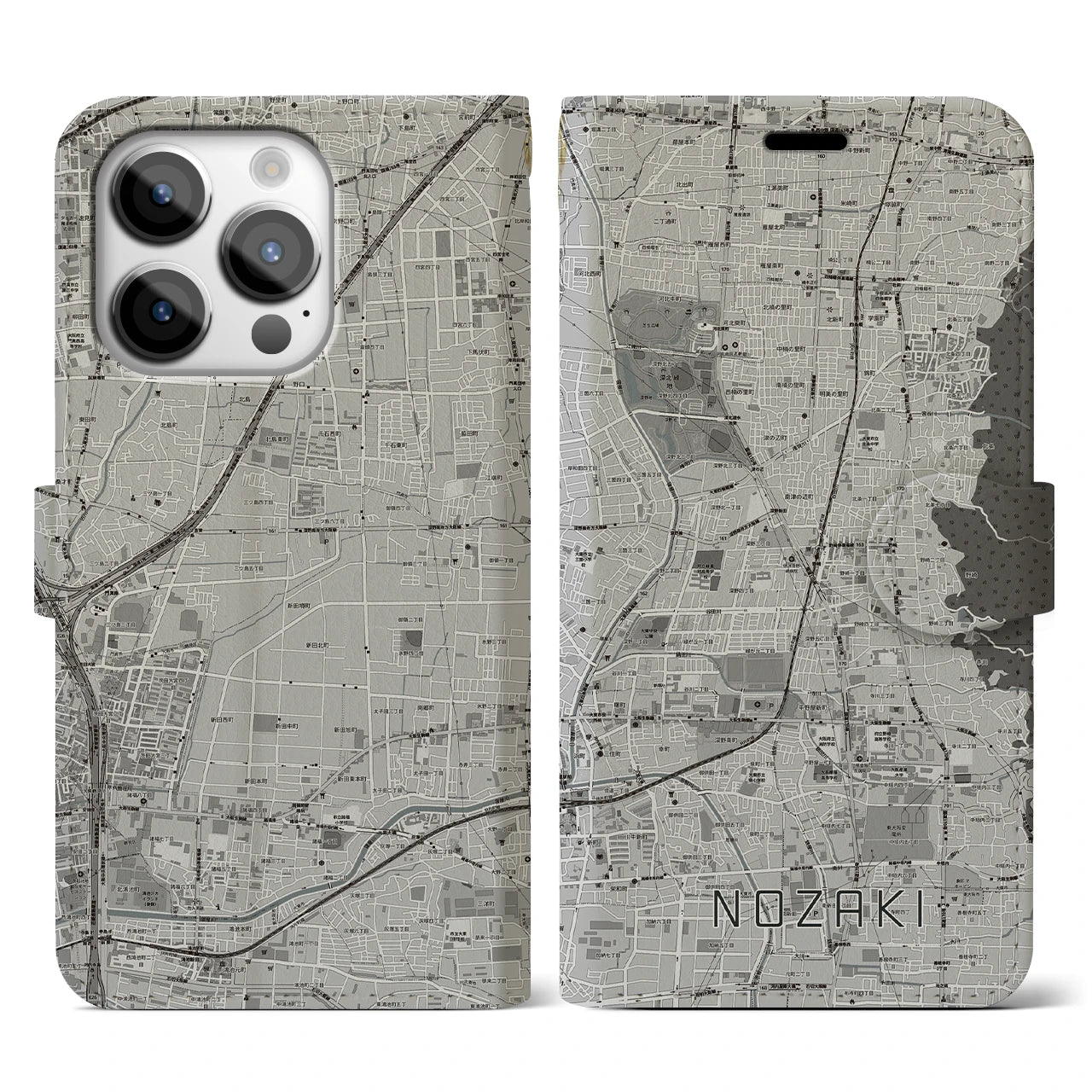 【野崎(大阪府)】地図柄iPhoneケース(手帳タイプ)モノトーン・iPhone 14 Pro 用