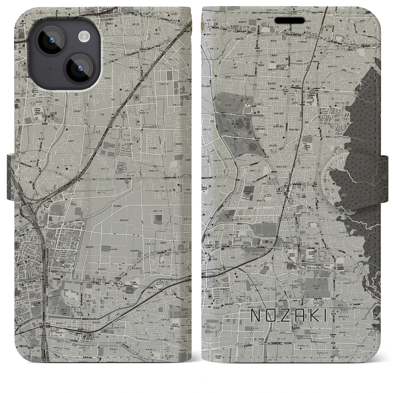 【野崎(大阪府)】地図柄iPhoneケース(手帳タイプ)モノトーン・iPhone 14 Plus 用