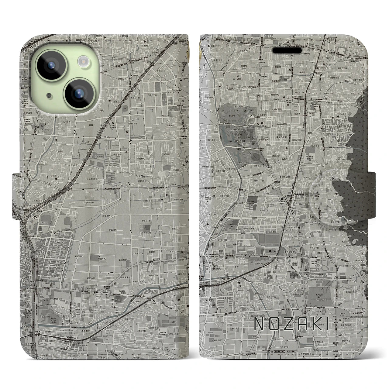 【野崎(大阪府)】地図柄iPhoneケース(手帳タイプ)モノトーン・iPhone 15 用