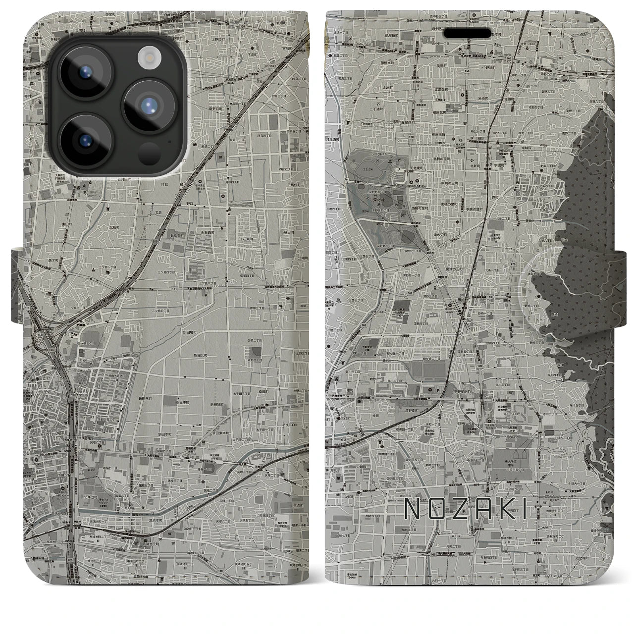 【野崎(大阪府)】地図柄iPhoneケース(手帳タイプ)モノトーン・iPhone 15 Pro Max 用