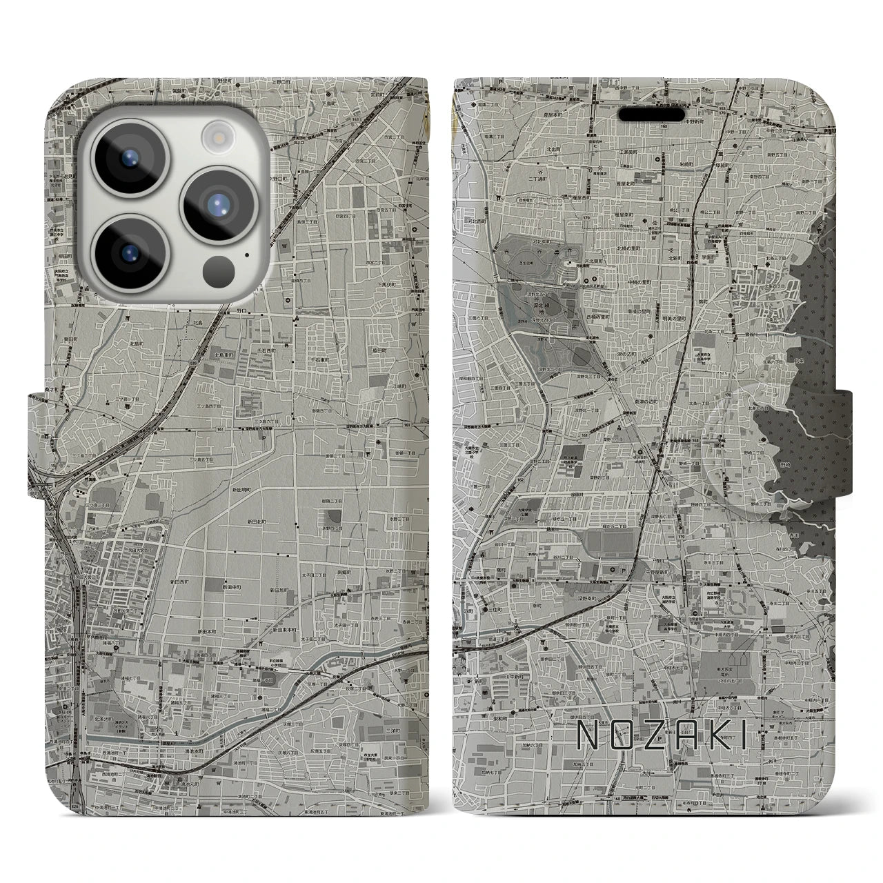 【野崎(大阪府)】地図柄iPhoneケース(手帳タイプ)モノトーン・iPhone 15 Pro 用