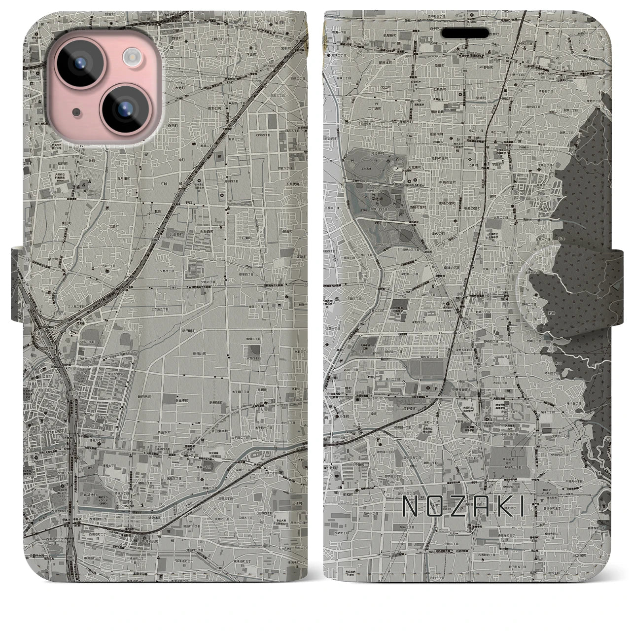【野崎(大阪府)】地図柄iPhoneケース(手帳タイプ)モノトーン・iPhone 15 Plus 用