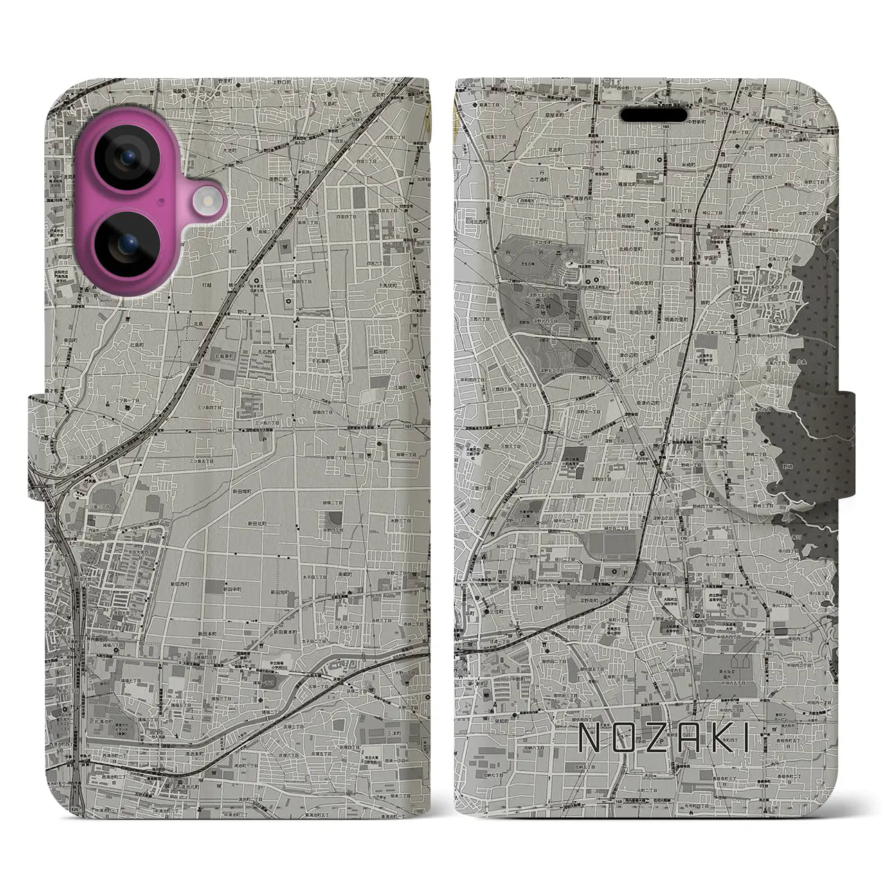 【野崎(大阪府)】地図柄iPhoneケース(手帳タイプ)モノトーン・iPhone 16 Pro 用