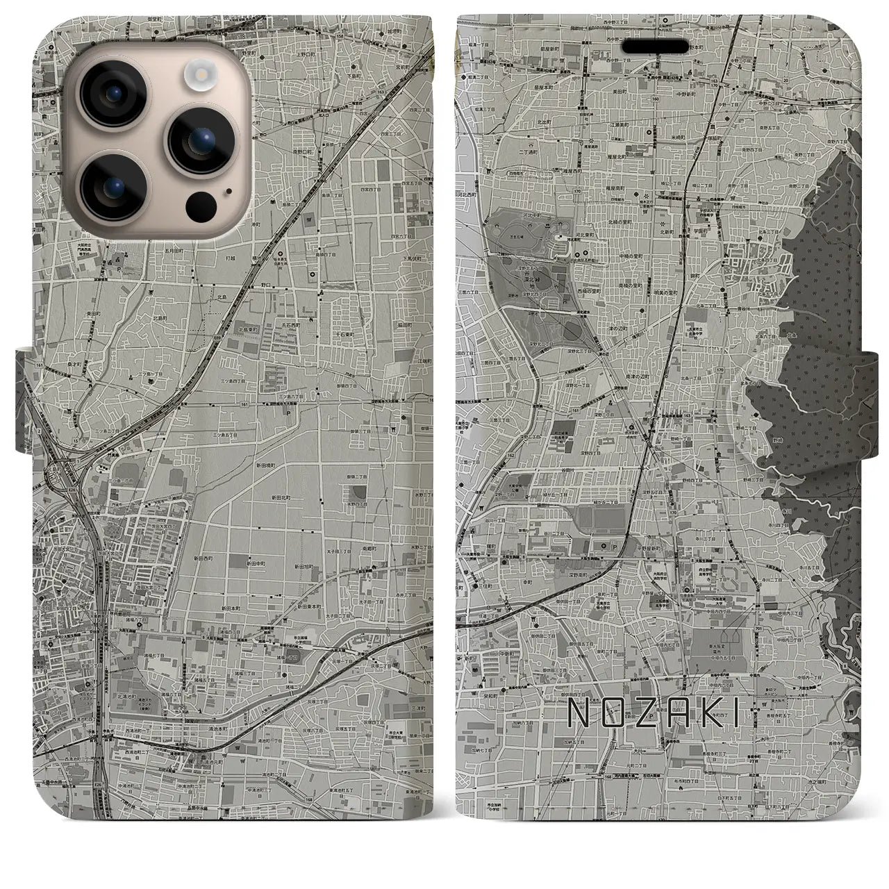 【野崎(大阪府)】地図柄iPhoneケース(手帳タイプ)モノトーン・iPhone 16 Plus 用