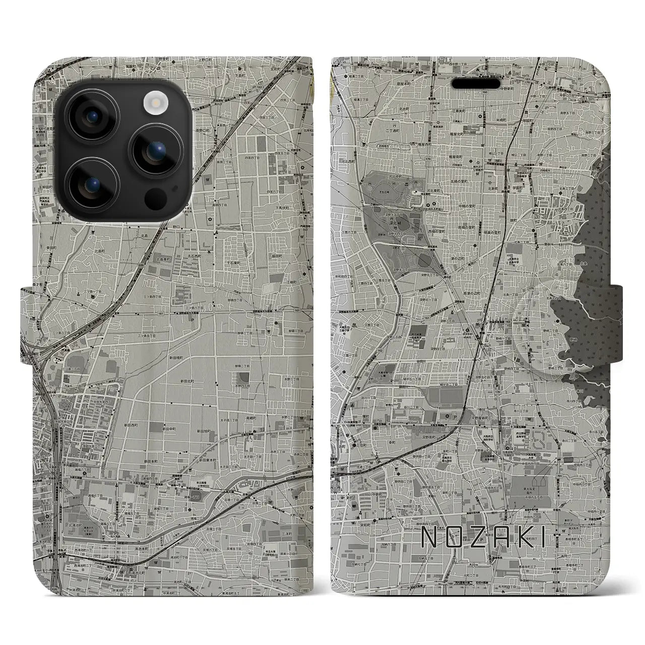 【野崎(大阪府)】地図柄iPhoneケース(手帳タイプ)モノトーン・iPhone 16 用